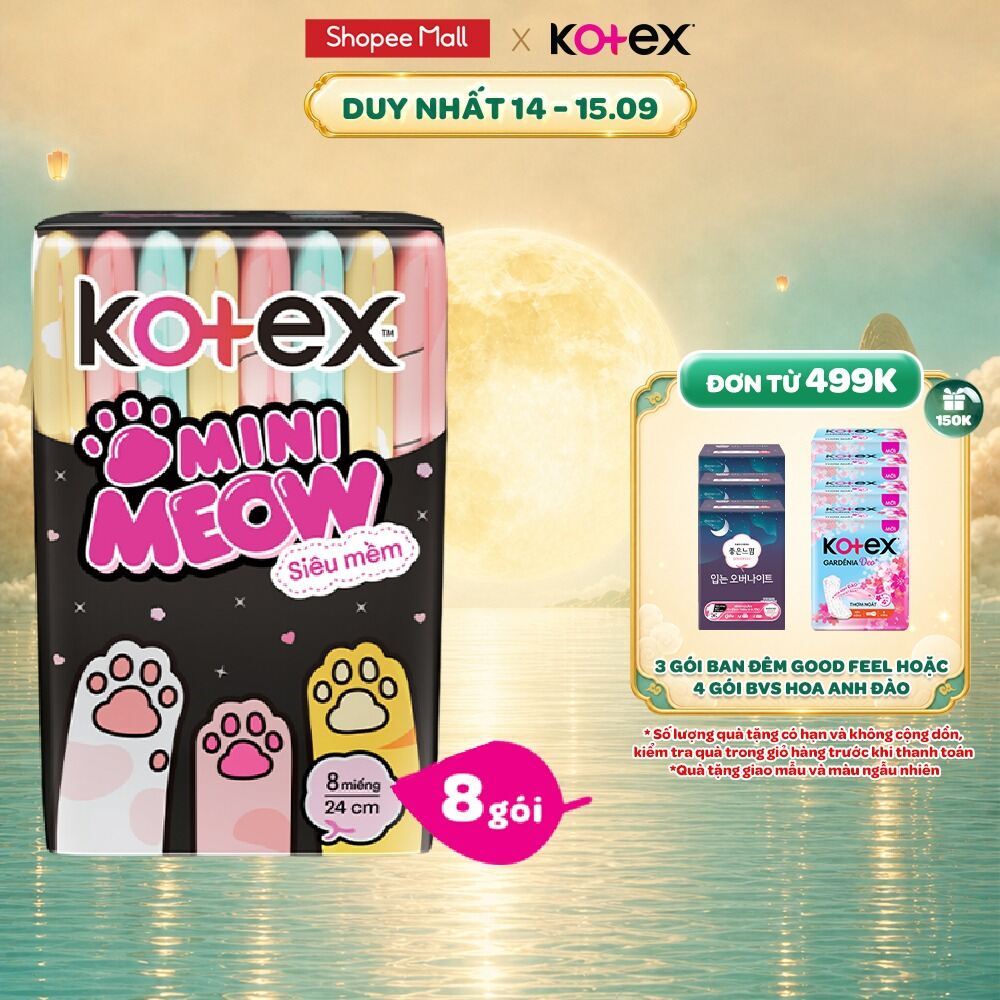 Combo 8/Combo 16 Băng vệ sinh Kotex MiniMeow Siêu mềm siêu mỏng cánh 8 miếng