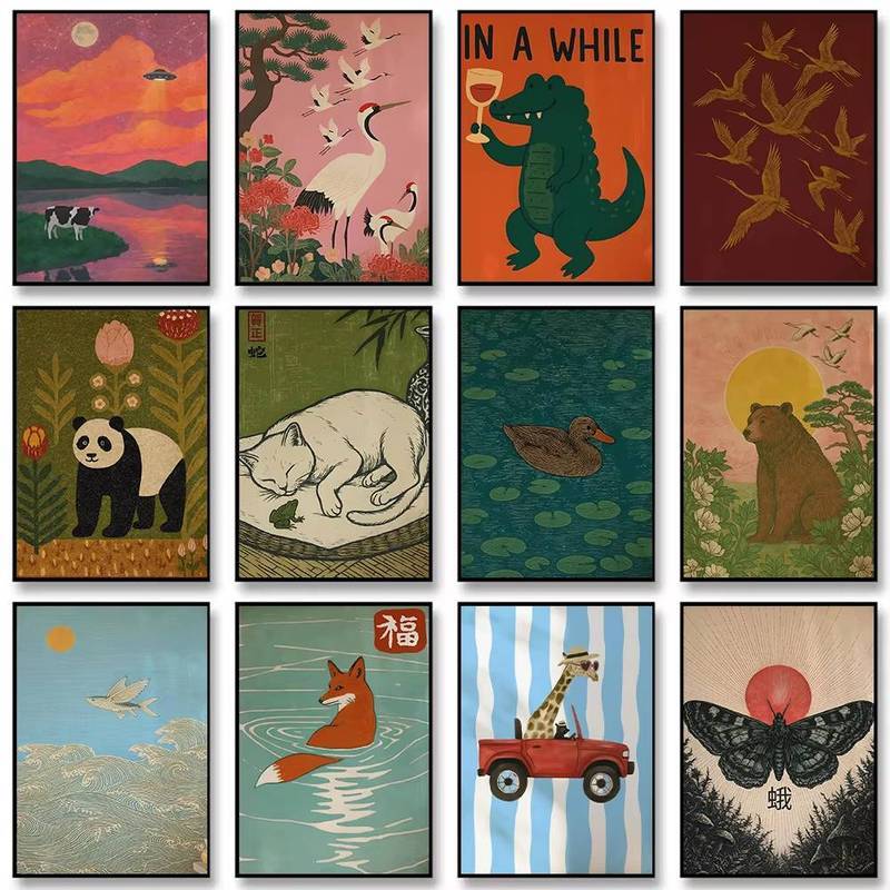 Vintage Retro Wildlife Animal Tiger Bear Panda Duck Crane Canvas Painting Wall Art Poster Picture Ho