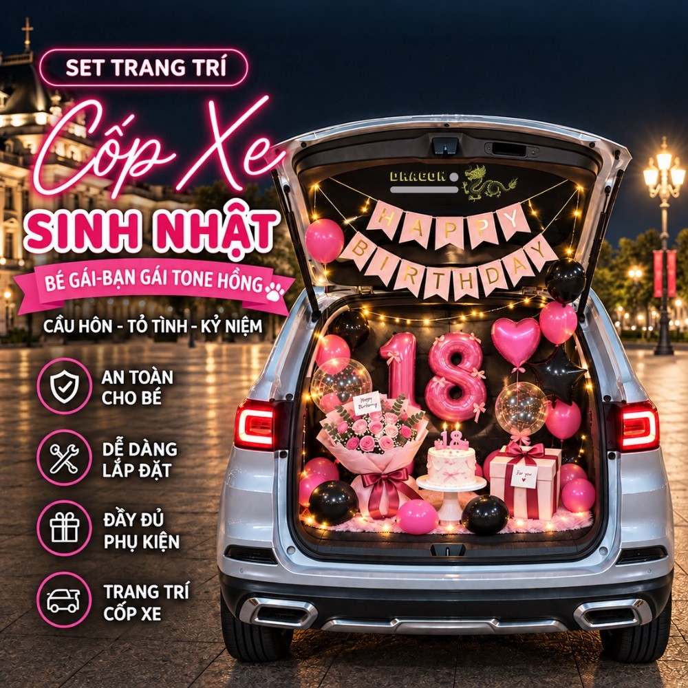 Set Trang Trí Sinh Nhật Trên Cốp Xe Ô Tô Bé Gái Bạn Gái. Bóng Bay Sinh Nhật Tone Hồng Đen. SNOT-84