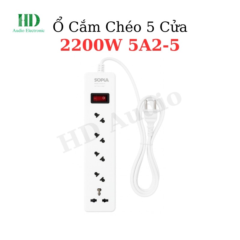 Ổ Cắm Chéo 5 Cửa 2200W 5A2-5 Lõi Chịu Nhiệt Chống Cháy - LinhKien HD audio