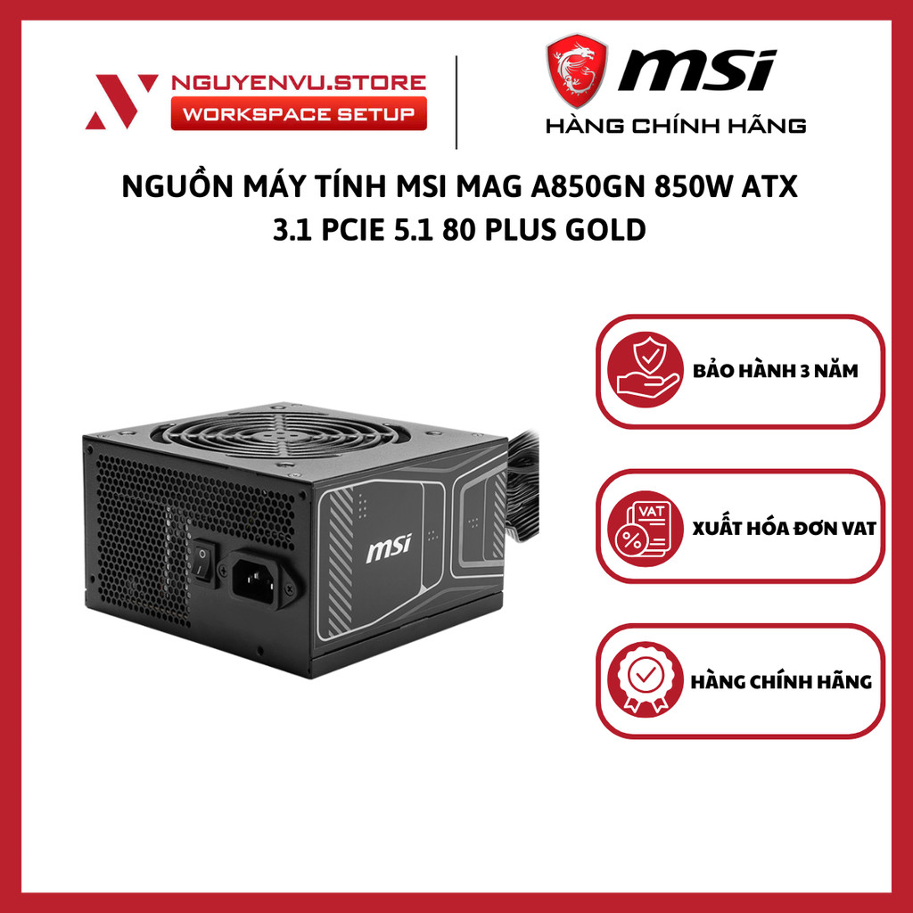 Nguồn máy tính MSI MAG A850GN PCIE5 850W, 80 Plus Gold - Hàng Chính Hãng