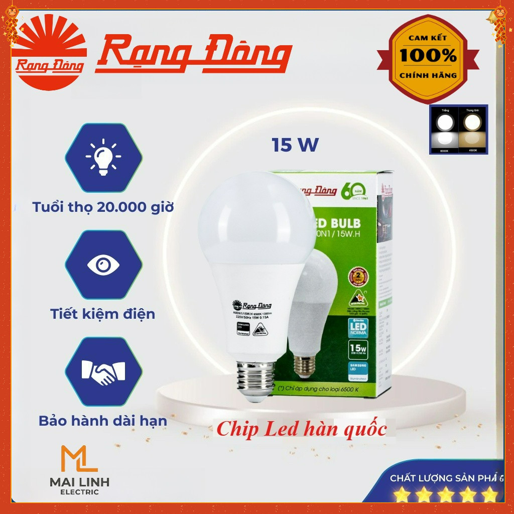 {Rạng Đông} Bóng đèn Led bulb Tròn 15W Đui E27,Chip Led Hàn Quốc siêu sáng, tiết kiệm điện - MODEL B