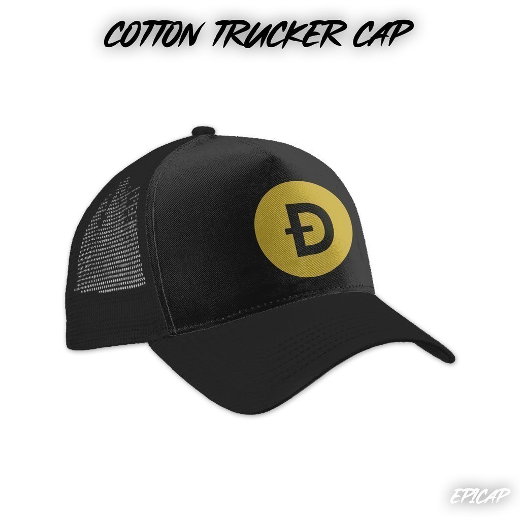 Thời trang 2026 DogeCoin Crypto BTC Gold Print Black Cotton Trucker Cap