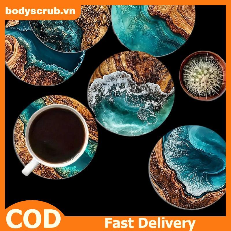 BB 6 Chiếc Ocean Wave & Wood Grain Coaster Set Đế Lót Ly Uống Chịu Nhiệt Cho Cà Phê / Trà Cốc, Chủ Đ