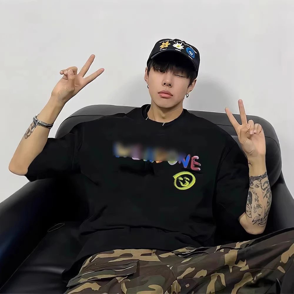 WE11 Rainbow Letter High Street Wear American Loose WELLMIKI Áo thun ngắn tay nặng nam