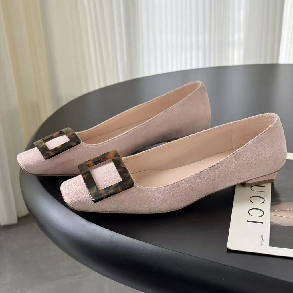 QHO8 Amber square buckle flat shoes for women, shallow square toe slip-on women's shoes