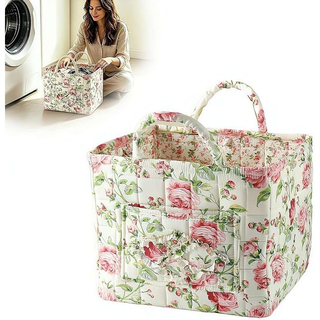 QuiltedFabriStorageBasketwithHandles & Poket, BohoFlowerNurseryBasket, Có thể gập lạiLaundryHamperBo