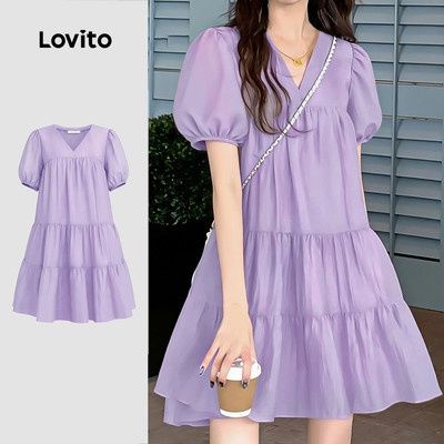 Lovito Đầm Thường Ngày Dáng Bèo Nhún Màu Tím Phù Hợp Mọi Mùa Cho Nữ LK4ED512