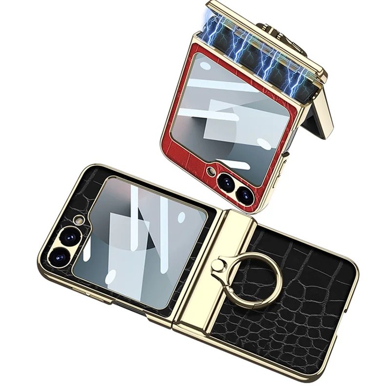 YyyYLuxury Mạ Da Dành Cho Samsung Galaxy Z Flip 7 Từ Tính Bao Gồm Tất Cả Bản Lề Vòng Giá Đỡ Cho Gala
