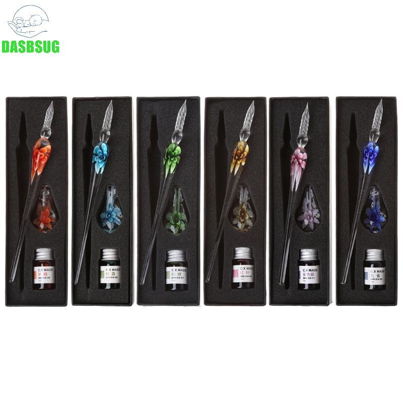 DASBSUG Crystal Floral Glass Dip Pen với Ink Pen Holder Kit Art Elegant Present