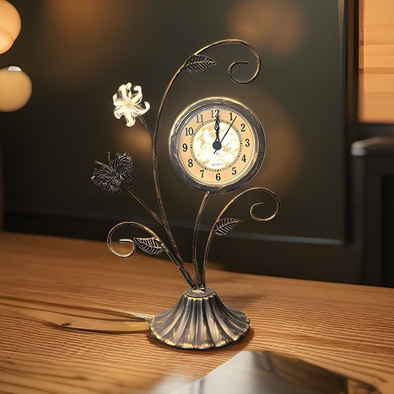 Vintage Iron Butterfly Table Clock with Floral Design, New Decorative Ornament for Bedroom and Livin