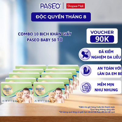 [Combo 10 Gói] Khăn Giấy Rút Cho Bé PASEO Baby 50 Tờ/Gói Mềm Mịn An Toàn Cho Da Nhạy Cảm 3 Lớp