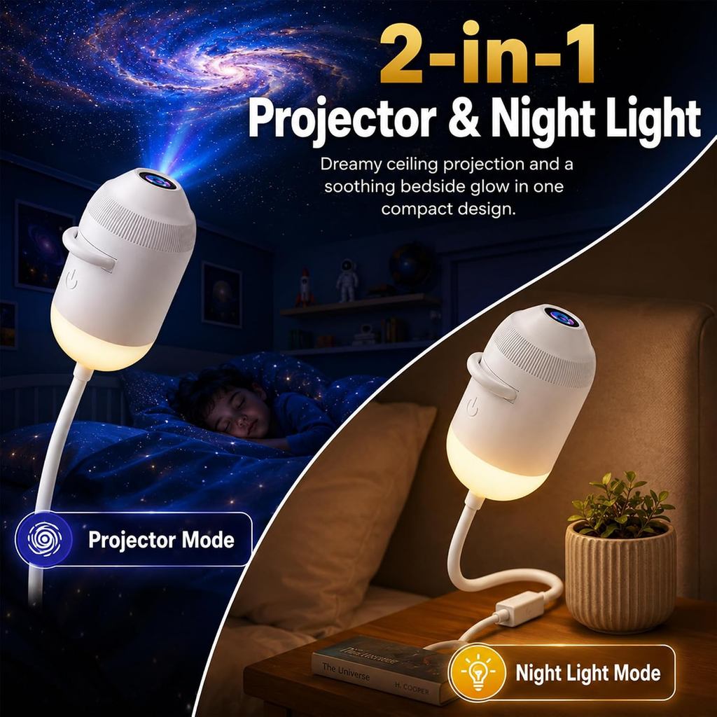 2-in-1 Galaxy Projector Night Light, Hd Smart Dynamic 5d Holographic Night Light Projector, 360° Sta