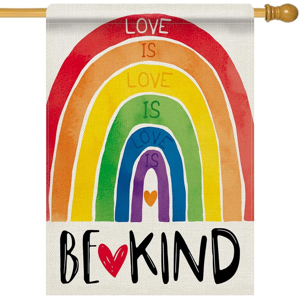 Dyrenson Pride Rainbow Love is Love 28 x 40 House Flag Double Sided, Be Kind LGBTQ Gay Trái tim đồng