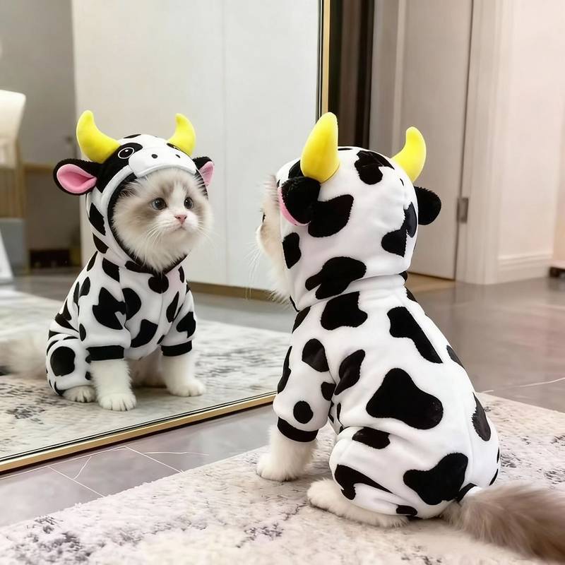 Super Cute Cat and Dog Clothes Autumn and Winter Cow Hooded Four-Legged Small Pet Cute Thick Warm Cl