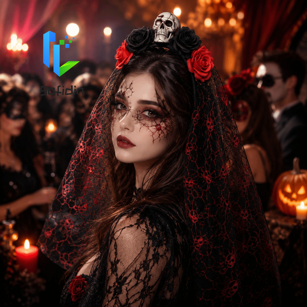 GOFIDIN Ma Cô Dâu Băng Đô, Mô Phỏng Hoa Hồng Gothic Đầu Lâu Lưới Veil Băng Đô Tóc, Trang Phục Hallow