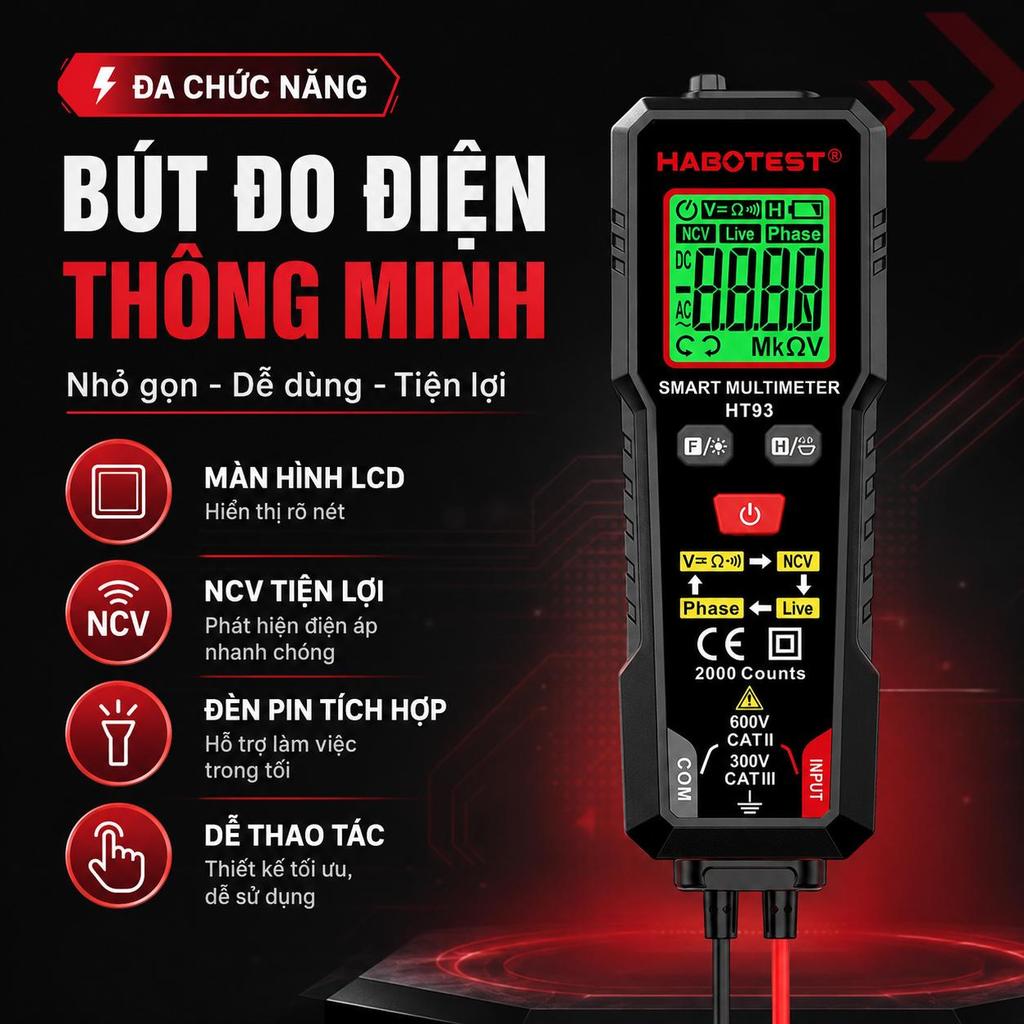 Bút Đo Điện Thông Minh HT93, Đồng Hồ Vạn Năng Kỹ Thuật Số, Đo Điện Áp AC DC, Phát Hiện NCV, Có Đèn P