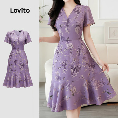 Đầm nữ Lovito tím nhạt xuân hè hoa thanh lịch LK4ED1822