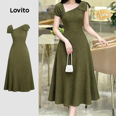 (New Arrival) Lovito Đầm nữ màu xanh ô liu mùa Xuân/Hè với thiết kế bất đối xứng và viền bèo DRB199P2D572