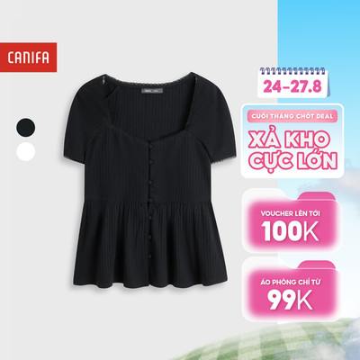Áo thun nữ cổ vuông ngắn tay, áo thun tăm nữ bo viền ren dáng xòe nhẹ CANIFA 6TS26S015