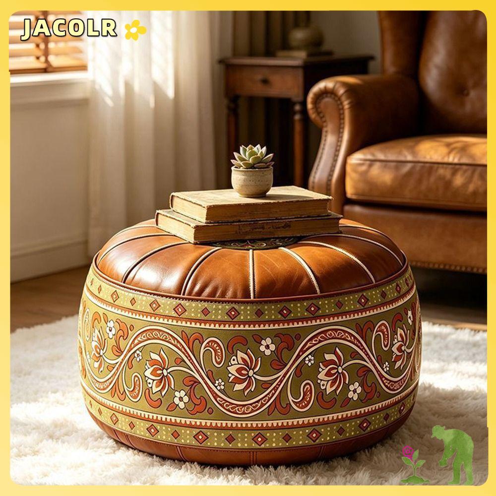 JACOLR Storage Ottoman, Da PU Họa Tiết Thêu Có Thể Lấp Đầy Ottoman Pouf, Hình Tròn Phong Cách Ma-rốc