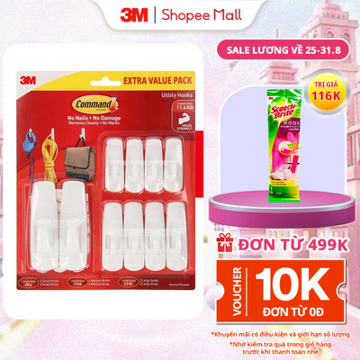 Combo 10 Móc dán tường 3M™ Command™, 17008EXVP, độ bền cao, bám cực chắc, chịu lực 2.2kg, Dùng sắp xếp nhà cửa
