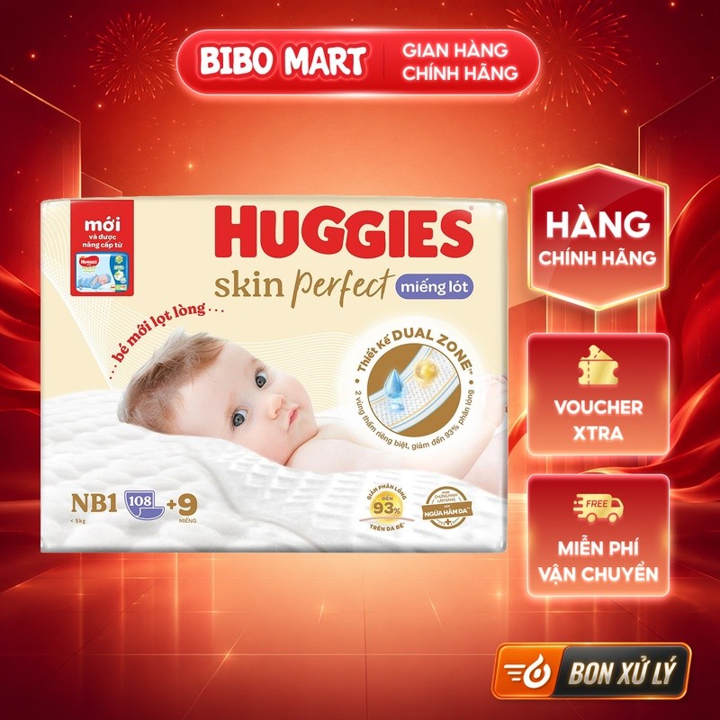 [NEW] Tã dán Huggies Skin Perfect size NB1 - 108+9 miếng - BM003.1