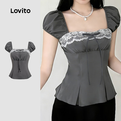 Lovito Áo blouse nữ màu xám mùa xuân/hè phối màu trang trí ren nơ L191AD076