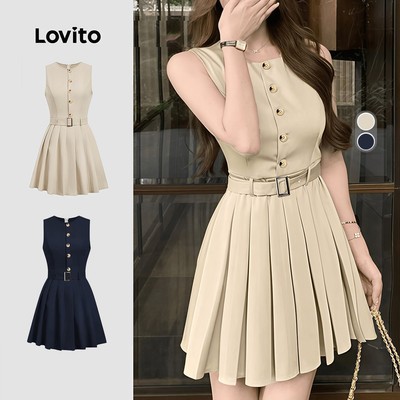 Đầm Lovito phong cách thường ngày xếp ly có nút đường may tạo phom mùa xuân/hè màu kaki cho nữ LK3ED921
