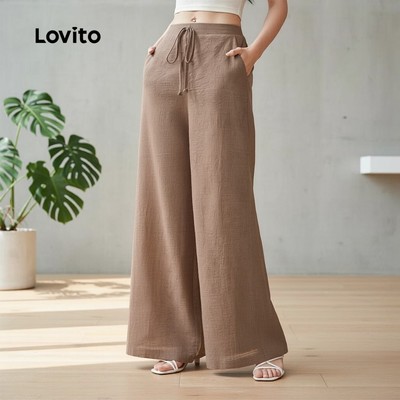 Lovito Phong cách thường ngày Quần kaki nữ dáng suông có túi buộc dây chất liệu thoải mái mùa xuân hè L158ED570