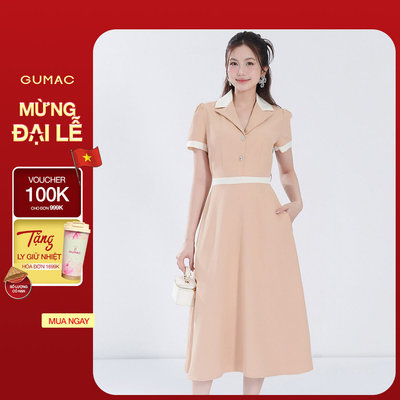 Đầm Nữ GUMAC Form A Cổ Danton Phối Viền Trắng Thanh Lịch Chất Cotton Xẹc Mềm Mát DF06012