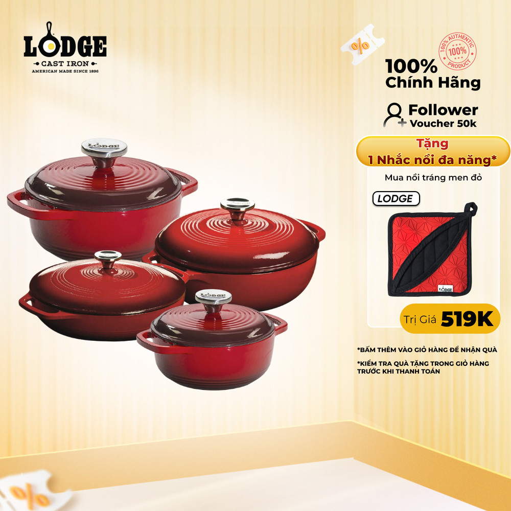 Lodge - Nồi gang phủ men màu đỏ - Nhiều kích cỡ