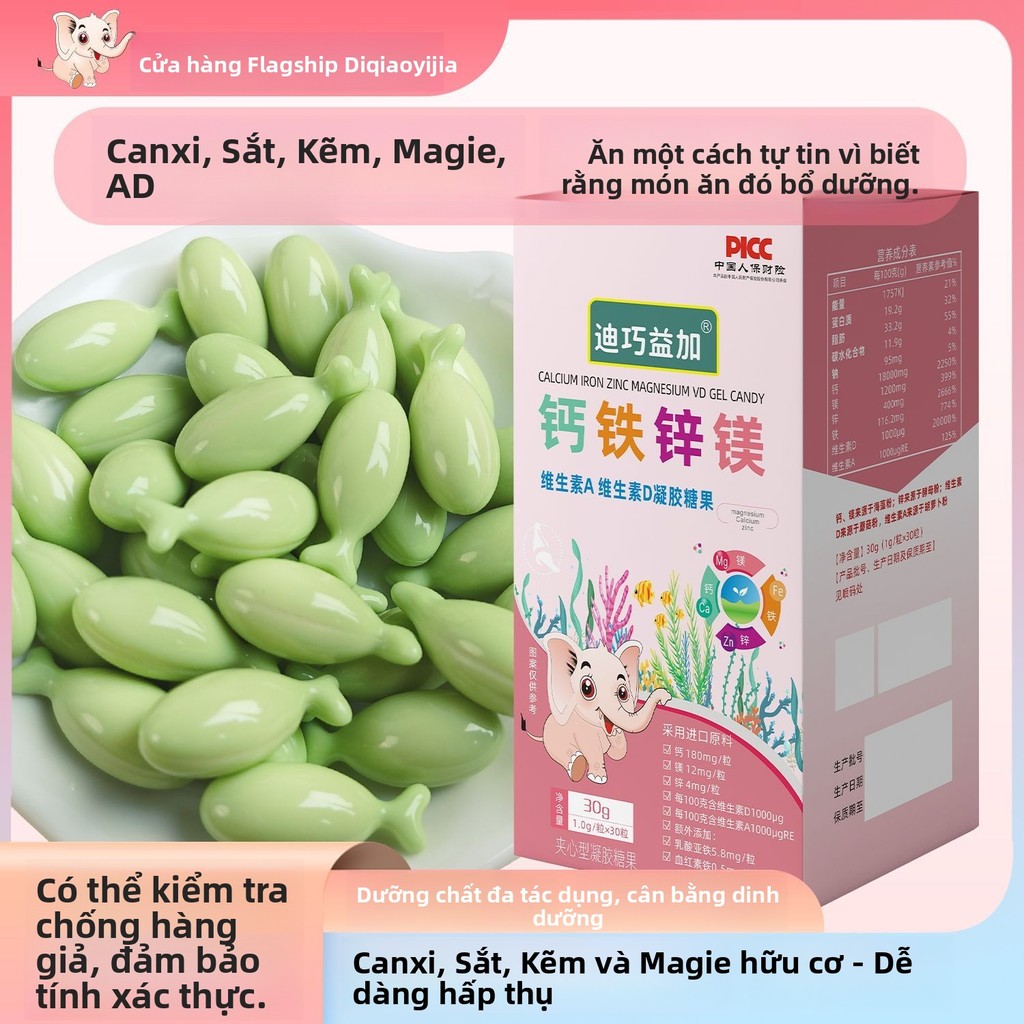 Kẹo mềm canxi kẽm magie rong biển, bổ sung canxi, cho bé, dạng viên nhai, tiện lợi