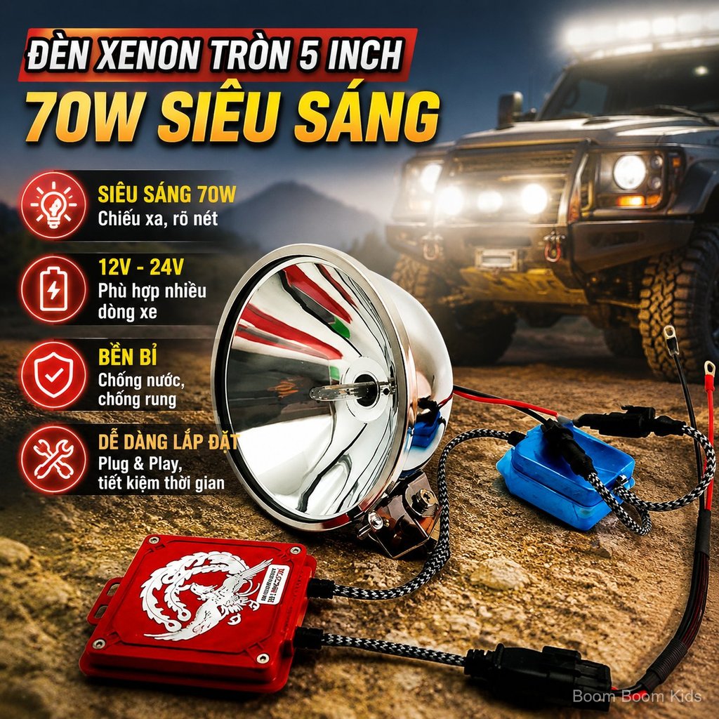 Đèn pha Xenon 5 inch 70W 12V/24V cho xe tải, SUV, công trình,êu sáng
