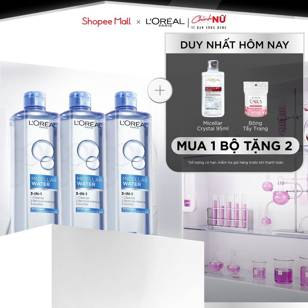 Bộ 3 nước tẩy trang đa năng 3-in-1 L'Oreal Paris Micellar tươi mát cho da dầu, hỗn hợp 400ml x 3