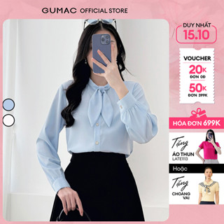 Áo sơ mi nữ kiểu cổ nơ trắng - xanh vải lụa mềm mát dáng suông tay dài thời trang GUMAC LAF0418