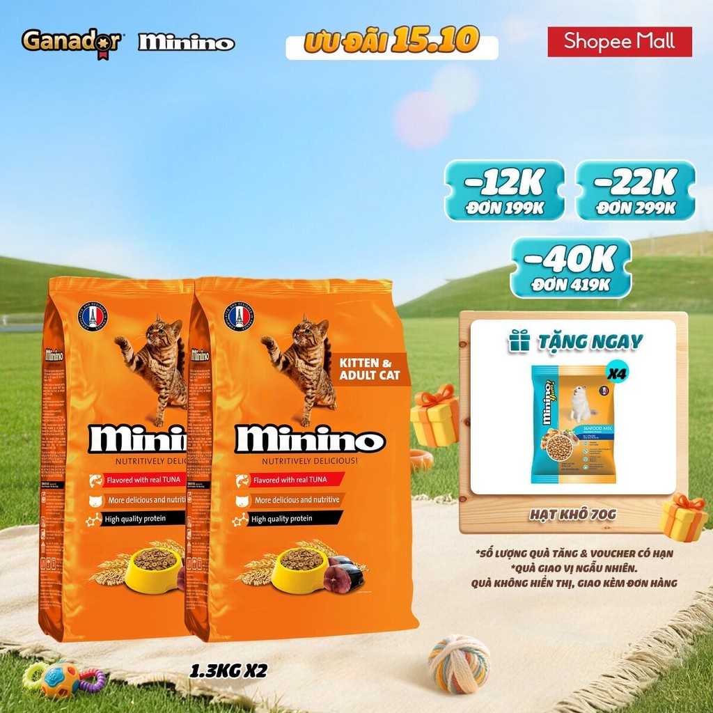 Combo 2 x Thức ăn hạt Minino cho mèo vị Cá ngừ 1.3kg