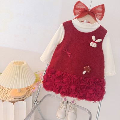 Set Thu Đông Áo Tay Dài Váy Hoa Dạ Đỏ Cho Bé Gái 1-5 Tuổi MINTSCLOSET Quảng Châu - GS1450