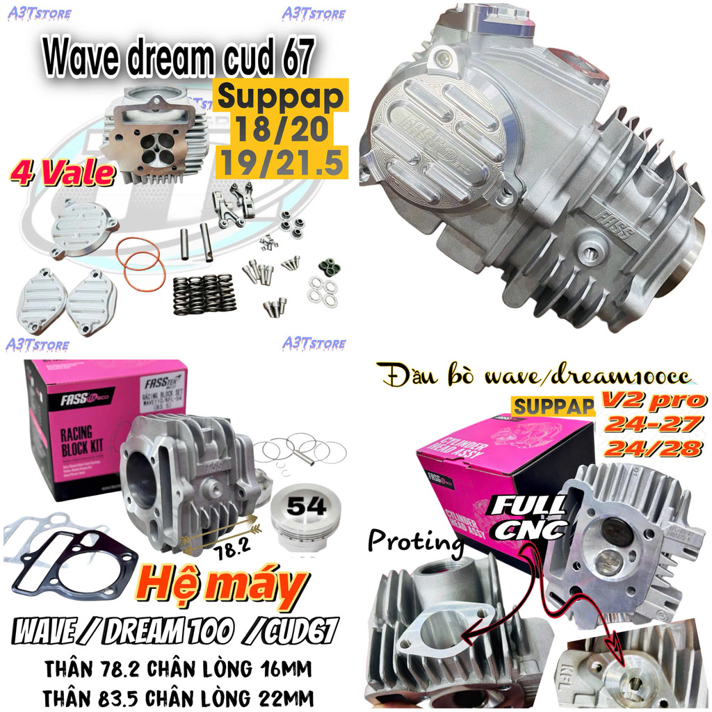 Đầu bò Fasstek Racing Wave / Dream (KFL) lòng piston 54mm [ 2 vale & 4 vale ] phukienxemaydo