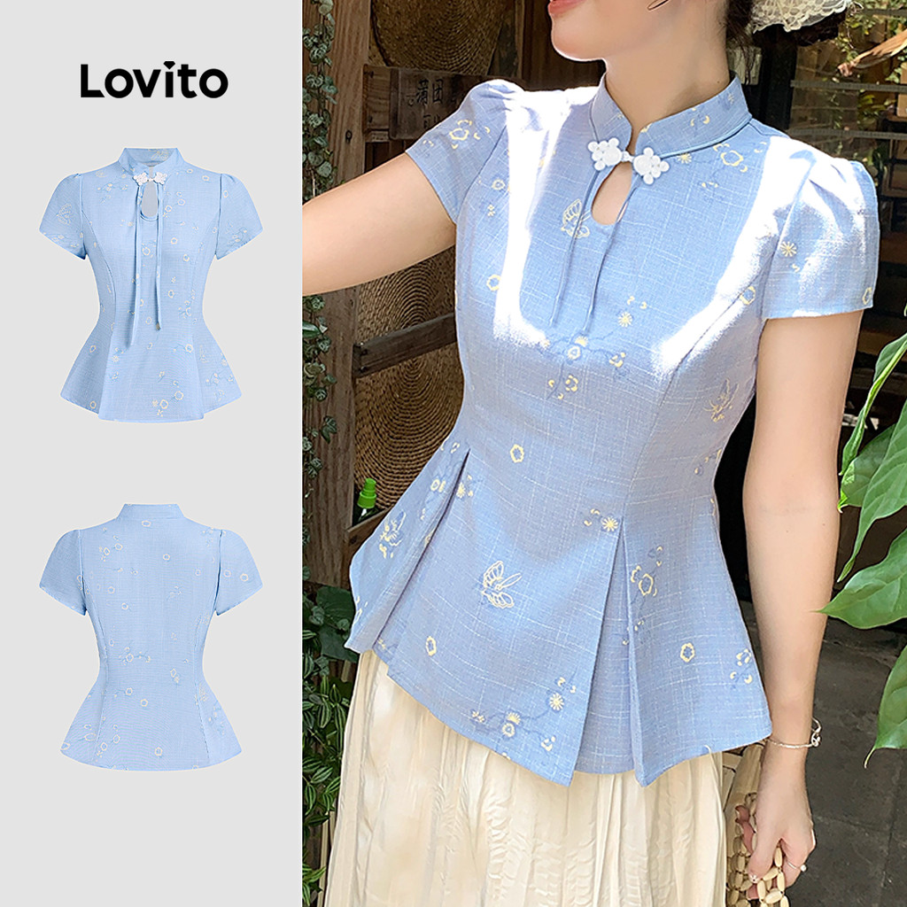 Lovito Áo sơ mi nữ màu phối cho mùa xuân/hè áo sơ mi xanh da trời thoải mái L157ED041