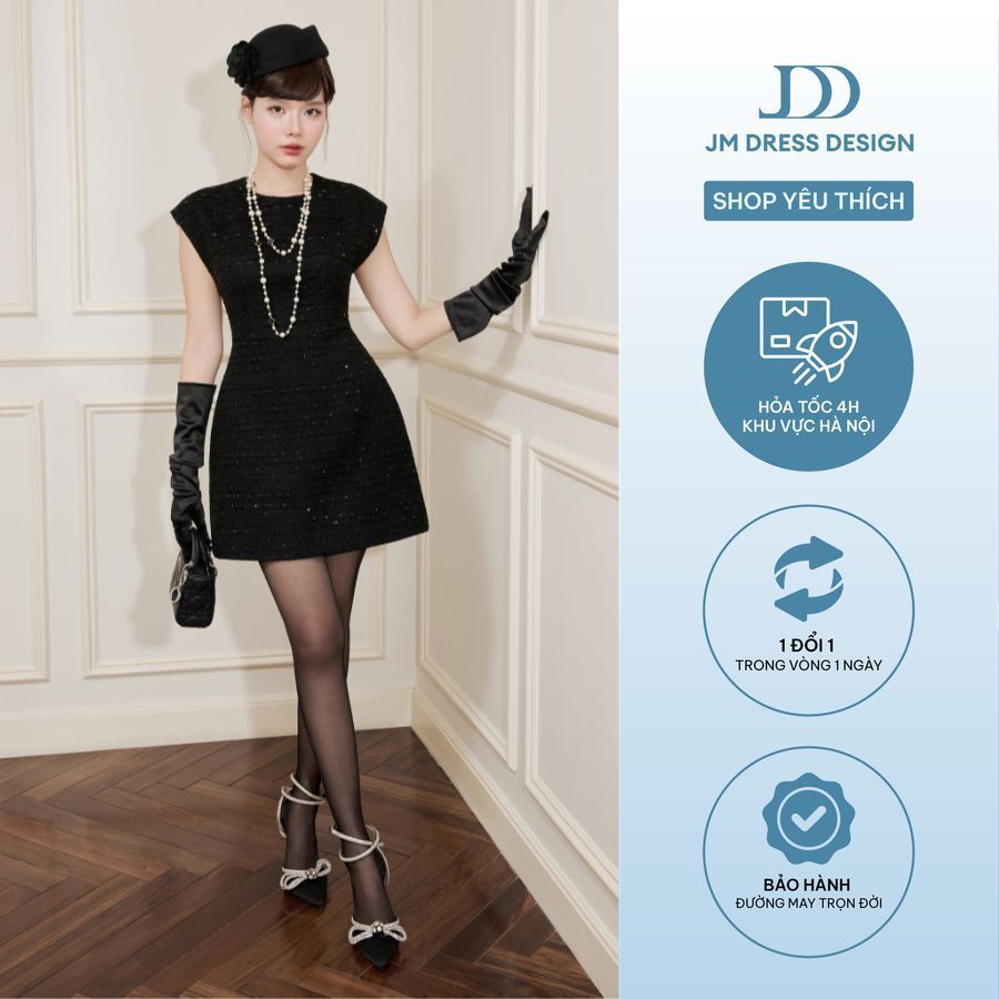 Đầm Cổ Tròn Tay Chờm Đắp Ren 1F19.2509TW Váy Tiệc Dáng A Phong Cách Little Black Dress RetroThiết Kế