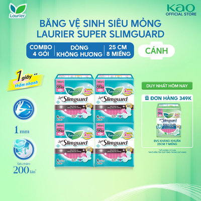 Combo 4 gói BVS Laurier siêu mỏng bảo vệ 1mm 25cm 8 miếng