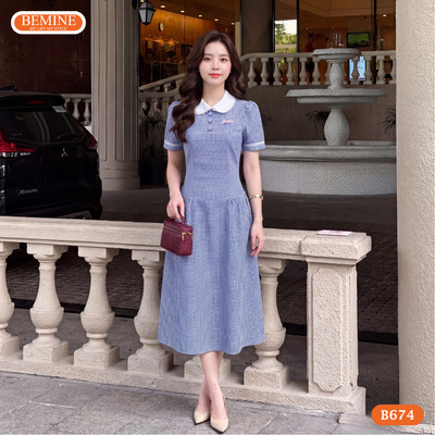 Đầm thiết kế BEMINE cổ sen viền ren in caro dáng chữ A phù hợp đi chơi-B674