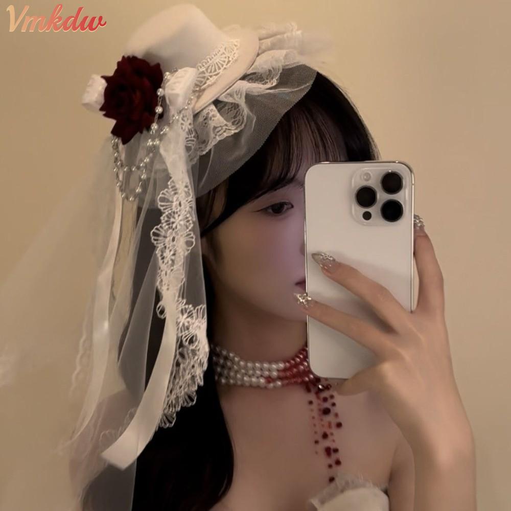 VMKDW Gothic Veil Rose Top Hat, Trang Phục Hóa Trang Đen Trắng Gothic Mũ Đội Đầu, Thời Trang Gothic 