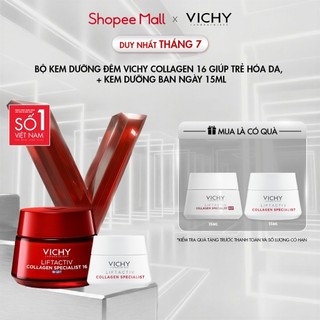 Bộ Kem dưỡng đêm Vichy Collagen 16 giúp trẻ hóa da, ngăn ngừa giảm nếp nhăn, làm sáng da 50ml + kem dưỡng ban ngày 15ml