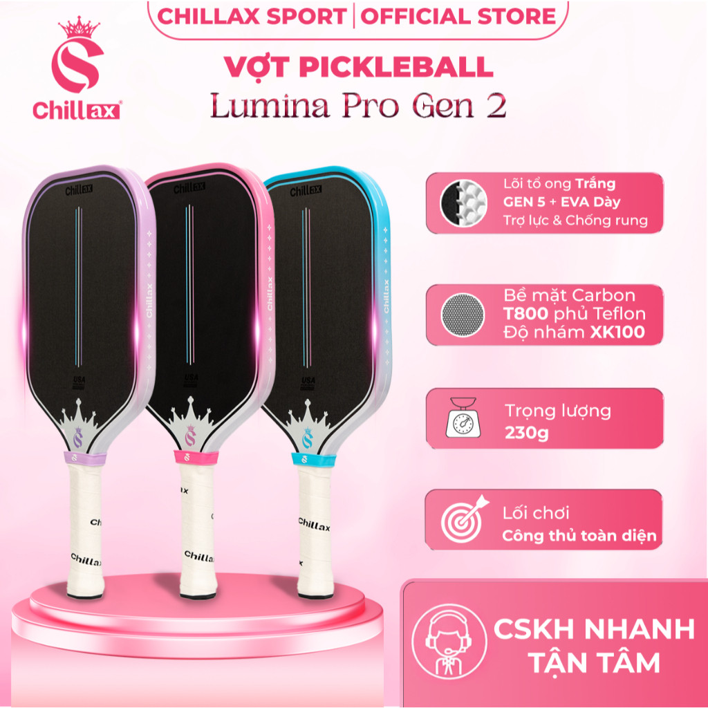 [Chính Hãng] Vợt Pickleball Chillax Lumina Pro - Carbon Toray T800 Phủ Teflon K100, Lõi Full Foam Ép