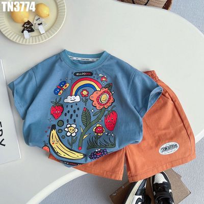 Set Bé Trai Áo Thun Xanh In Hình Trái Cây Cầu Vồng Phối Quần Short Cam Mùa Hè MINTSCLOSET TN3774