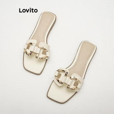 (Trendy)(thanh lịch) Lovito Dép đế phẳng thông thường Dép bệt bằng kim loại trơn dành cho nữ LFA45389