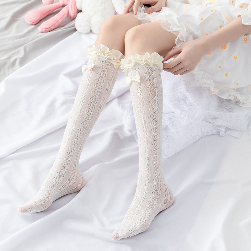 Tất lolita lolita lolita Influencer jk Bê Tất Nữ Nơ Trắng Ren Trên Đầu Gối Tất Ren Ren Giữa Ống Ap
