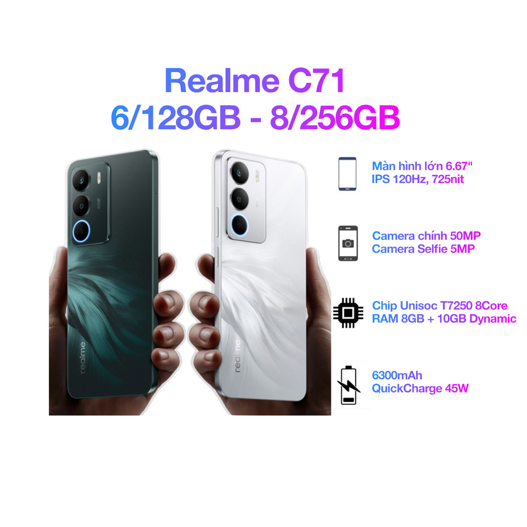 Điện thoại Realme C71 |  Android 15 | 50 MP & Cảm biến Flicker | Bản Quốc Tế Newseal